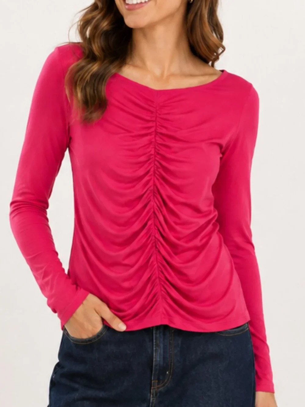 J. Crew NEW Dragonfruit Pink Ruched Matte Jersey Knit Stretch Top SZ Large